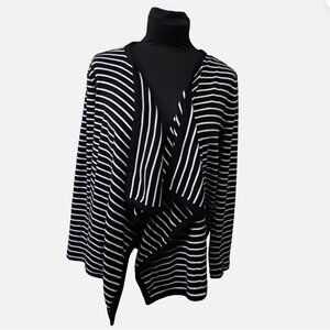 Talbots Sweater Women Petite Large Black Cotton Striped Open Front Knit Cardigan